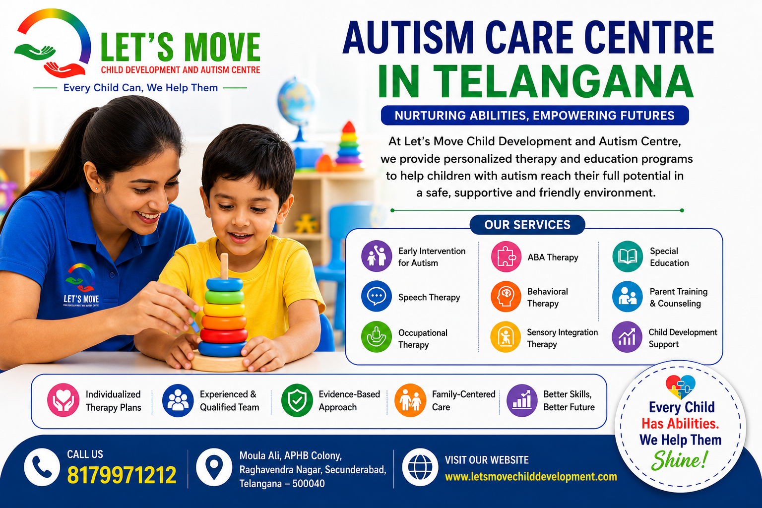 Child receiving therapy at Let's Move Child Development & Autism Center, a trusted Autism Care Centre in Telangana.