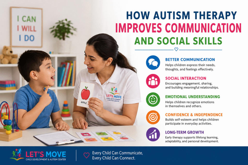 Child participating in autism therapy to improve communication and social skills at Let's Move Child Development & Autism Center
