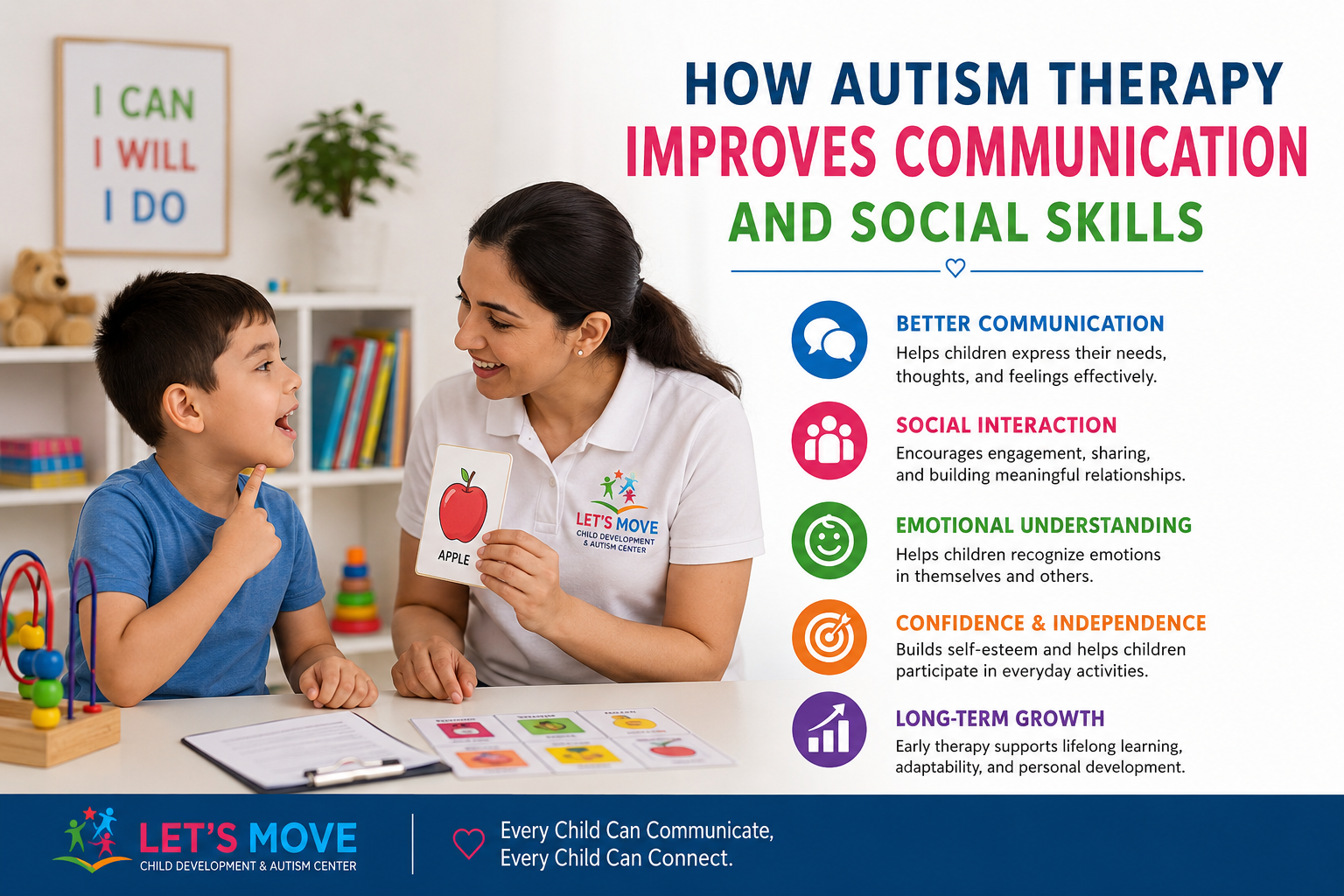 Child participating in autism therapy to improve communication and social skills at Let's Move Child Development & Autism Center
