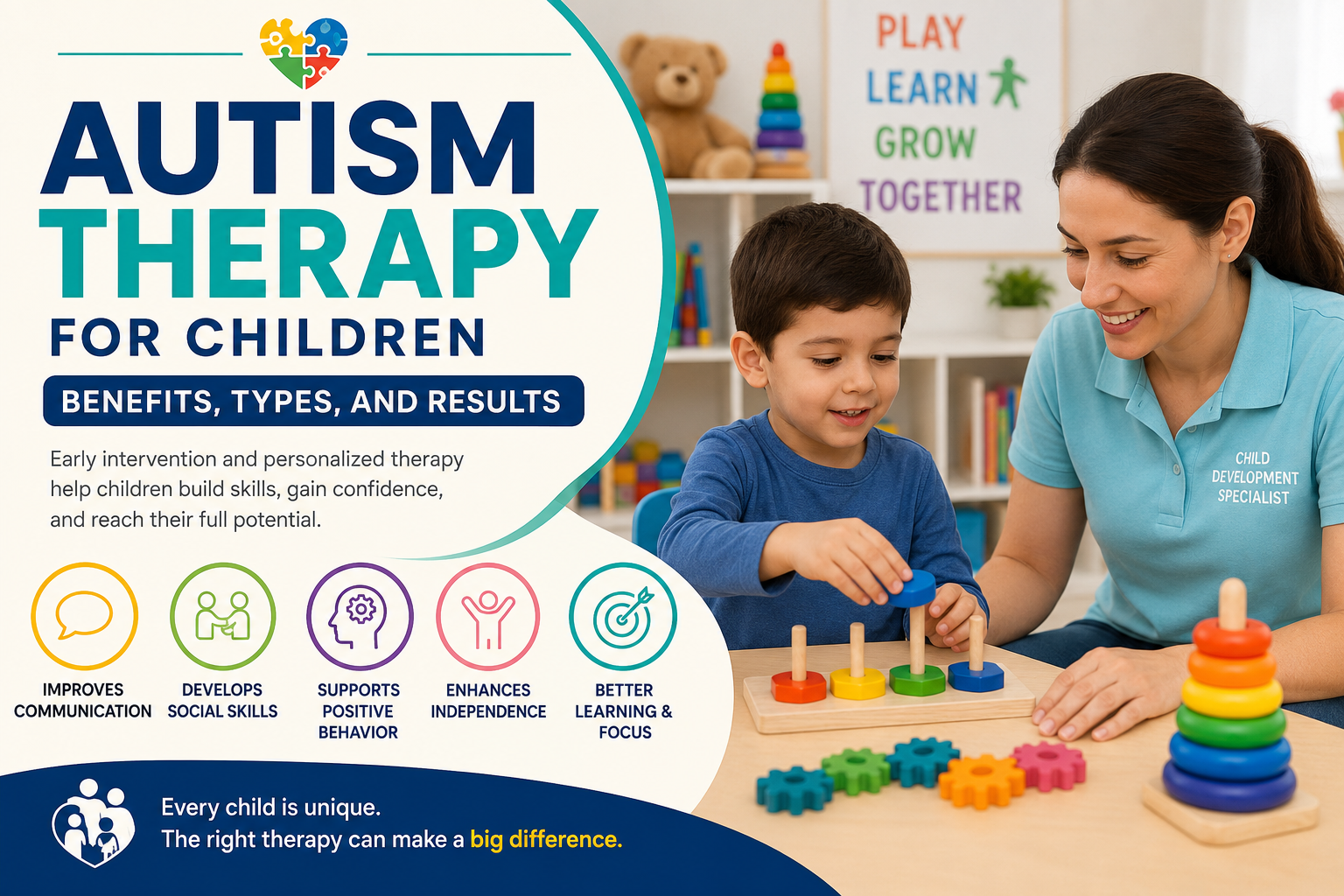 Autism Therapy for Children session with a therapist helping a child improve communication, social skills, and learning through play-based activities.
