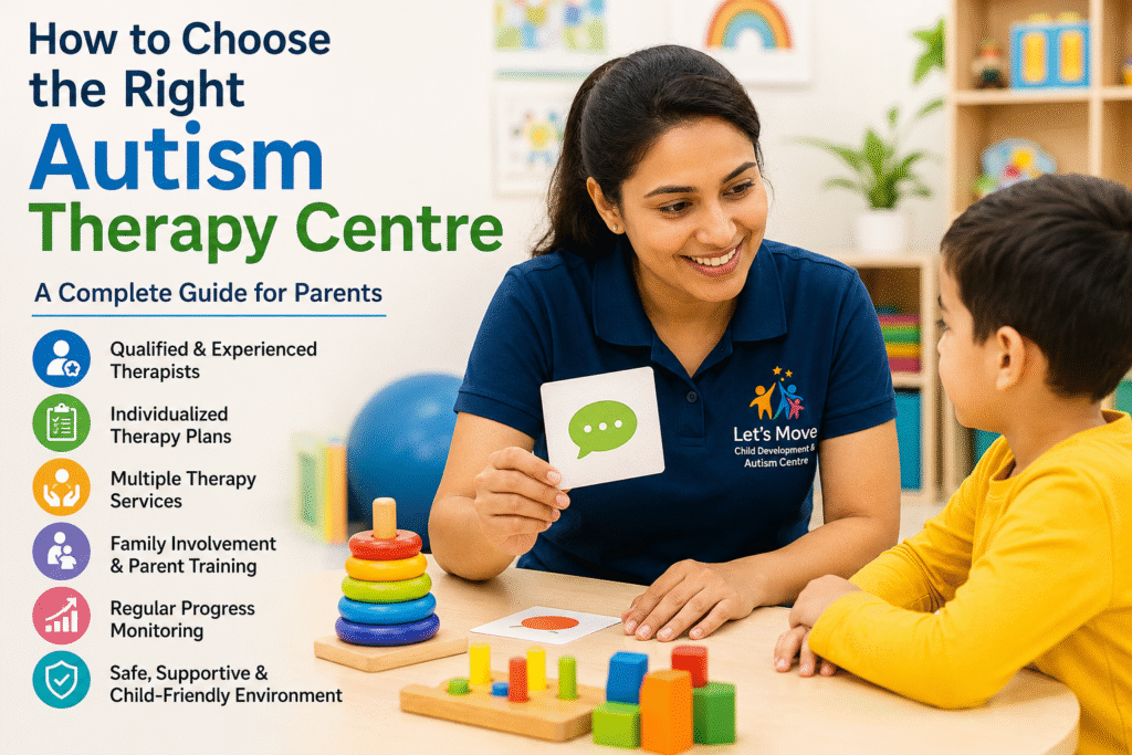 Child participating in autism therapy with a therapist in a bright, child-friendly therapy centre.