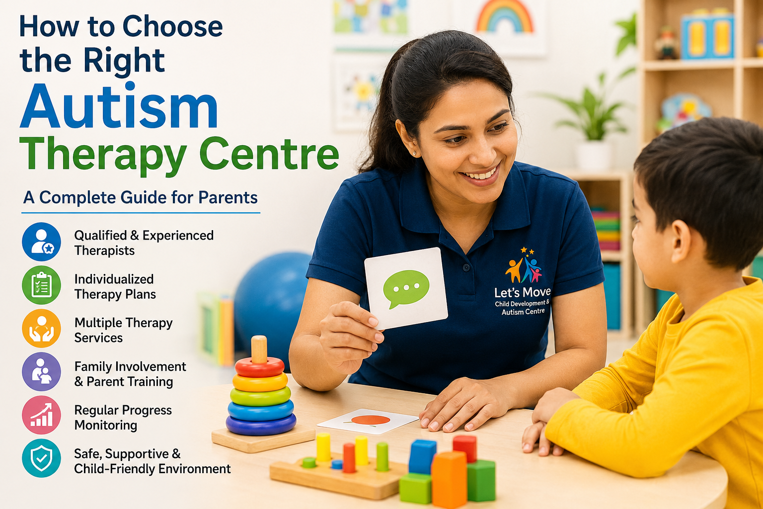 Child participating in autism therapy with a therapist in a bright, child-friendly therapy centre.