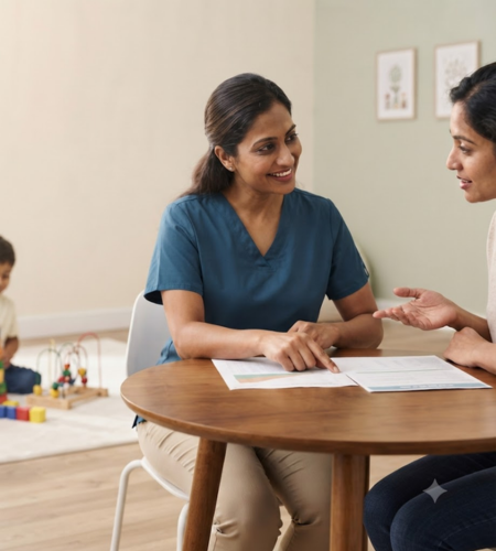 Therapist discussing child progress with a parent at a child development center in Hyderabad